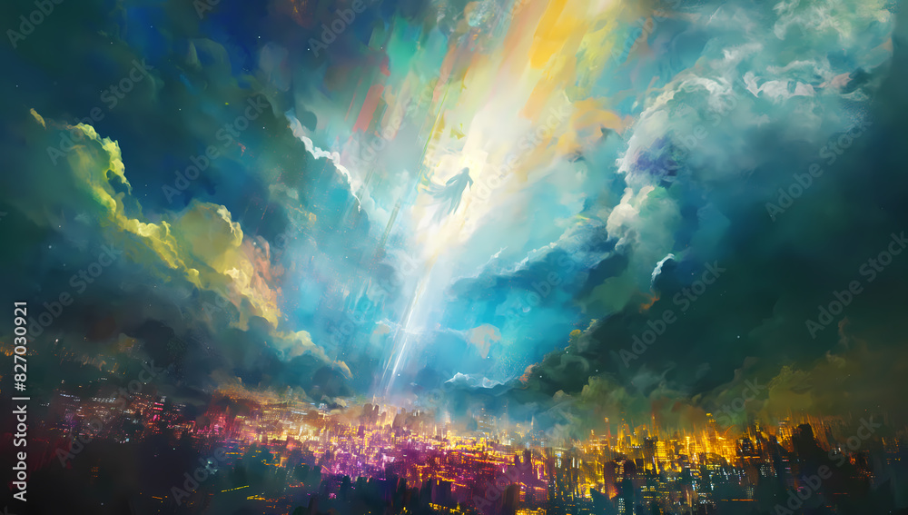 Angelic figure floating above many people in a vast landscape with cityscape Angelic figure floating above many people in a vast landscape with cityscape