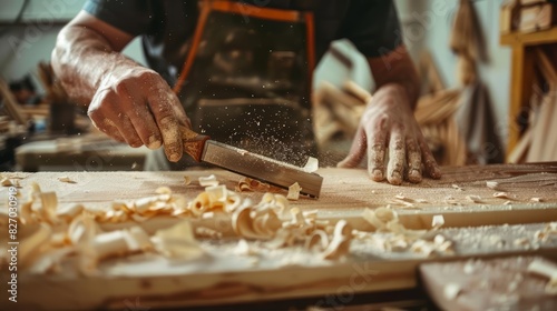 A closeup view of a woodworking studio shows craftsmen using precision tools and HUD holograms to design intricate pieces photo