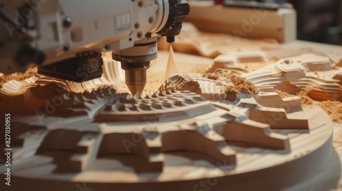 A closeup view of a woodworking studio shows craftsmen using precision tools and HUD holograms to design intricate pieces