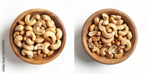 Dark brown wooden bowl with apetite snack in form of cashew on white photo