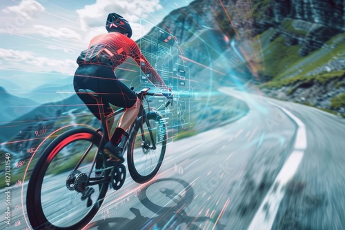 A cyclist, pedaling intensely up a steep hill, demonstrates endurance and strength The scenic background is blurred, with a hitech HUD hologram showing speed and incline gradient photo