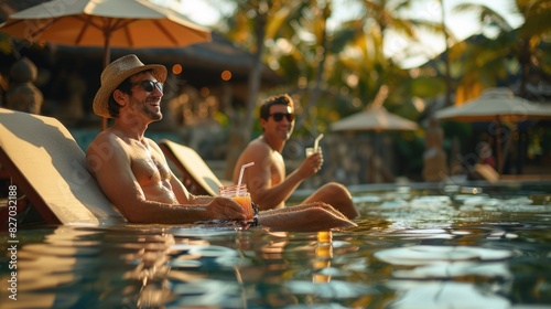 A couple of men unwinding by the pool at a resort hotel, sipping on drinks and enjoying the serene atmosphere, their relaxed postures and smiles reflecting pure bliss