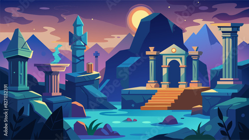 The ancient ruins of Mythos hold secrets and mysteries that can only be unlocked through completing physical challenges and obstacle courses.. Vector illustration