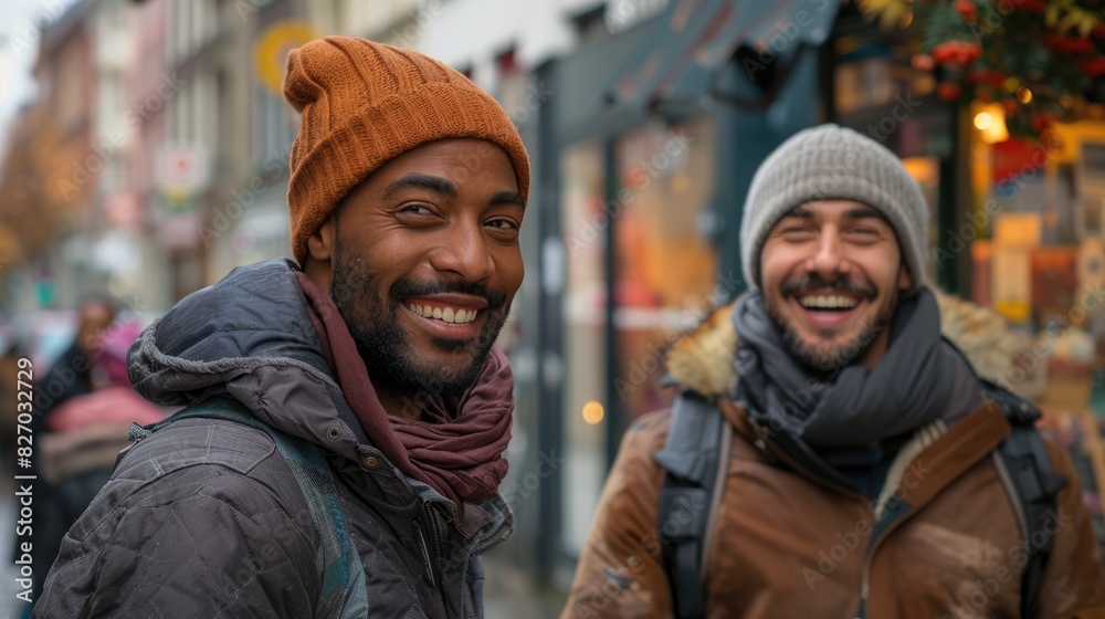 A gay couple discovering charming shops and cafes in an old town, their smiles and animated conversation reflecting their excitement and enjoyment of the adventure A gay couple discovering charming shops and cafes in an old town, their smiles and animated conversation reflecting their excitement and enjoyment of the adventure