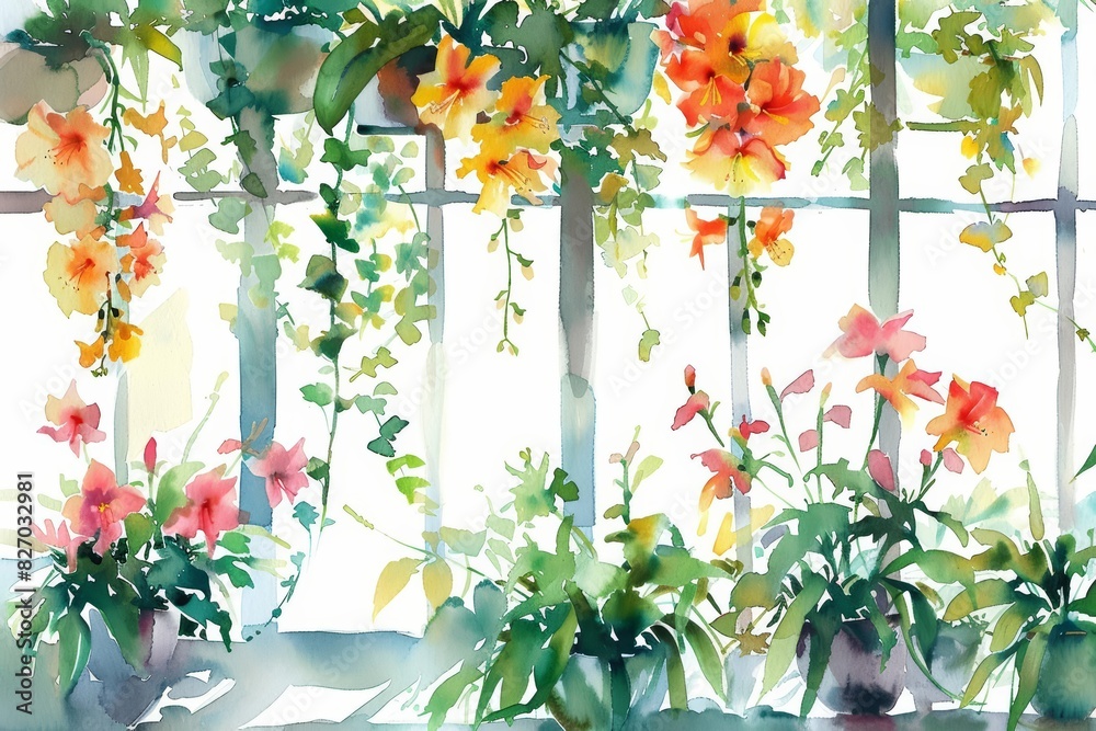 A set of watercolor of a freesia, with fragrant blooms, in a sundrenched conservatory, with hanging baskets and trailing vines, isolated on white A set of watercolor of a freesia, with fragrant blooms, in a sundrenched conservatory, with hanging baskets and trailing vines, isolated on white