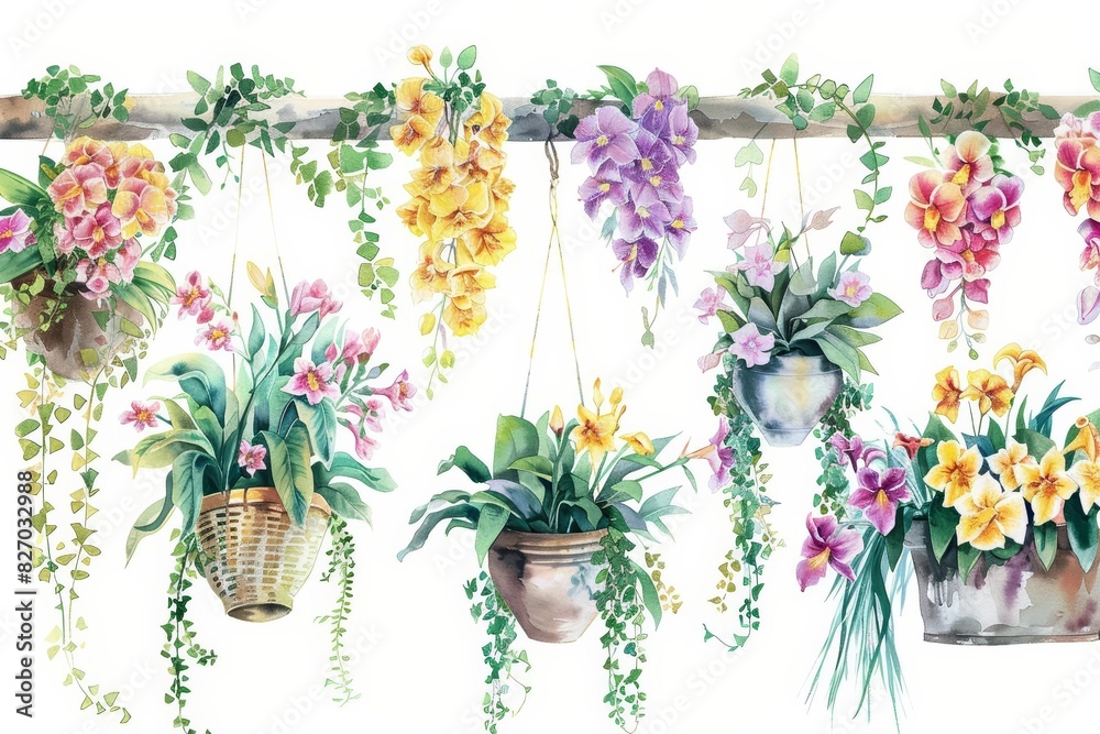 A set of watercolor of a freesia, with fragrant blooms, in a sundrenched conservatory, with hanging baskets and trailing vines, isolated on white A set of watercolor of a freesia, with fragrant blooms, in a sundrenched conservatory, with hanging baskets and trailing vines, isolated on white