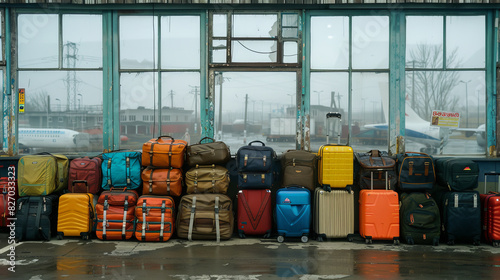 A variety of colorful suitcases stacked in front of large windows at a foggy bus station.
