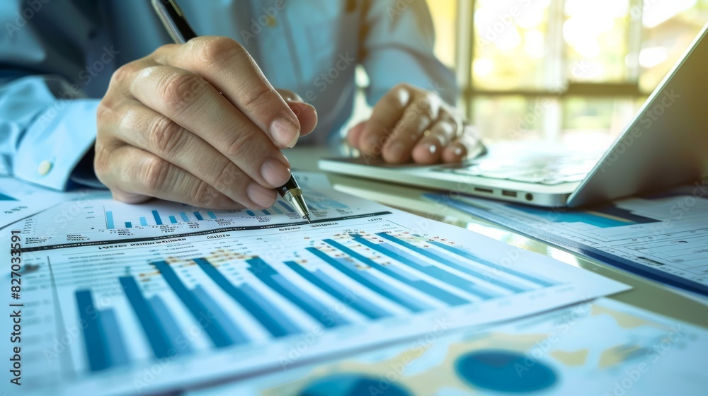 Business analyst checking in financial statement for audit internal control system. Accounting and Financial Concept