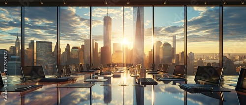 A boardroom meeting with executives discussing global financial strategies, with a panoramic view of the city skyline in the background. 32k, full ultra HD, high resolution photo