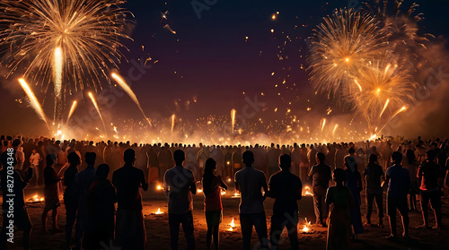 Diwali Fire Cracker explosions, Cracker Explosive dusk with silhouette of crowd playing in the background. wide far perspective with copy space 