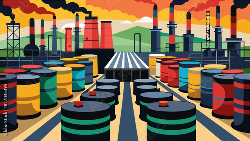 Packed with endless rows of steel drums and tanks this refinery converts black crude oil into a rainbow of useful fuels and chemicals.. Vector illustration
