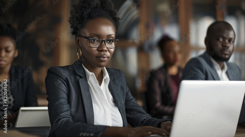 featuring an African businesswoman leading a remote meeting from her laptop, commanding the attention of her colleagues who listen intently in the background, Meeting, Multicultura featuring an African businesswoman leading a remote meeting from her laptop, commanding the attention of her colleagues who listen intently in the background, Meeting, Multicultura