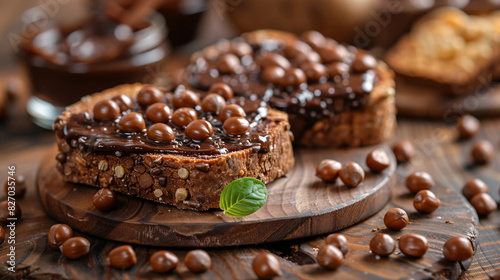 Bread with chocolate spread and filbert nuts photo