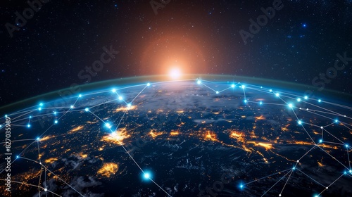 Global network on earth globe, world finance connectivity, business trading, telecommunications