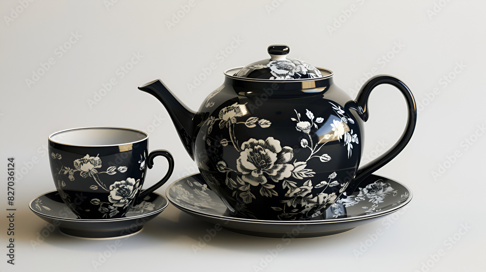 Elegant Tea Set, Black Floral Teapot, adorable white rose flower pattern on tea and coffee pots, Elegant Tea Set, Black Floral Teapot, adorable white rose flower pattern on tea and coffee pots,