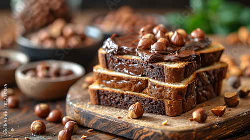 Bread with chocolate spread and filbert nuts photo