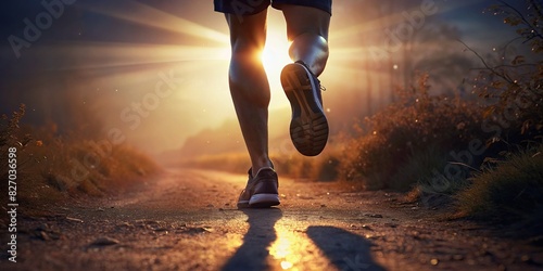 Close-up of male runner legs on dirt road in nature with sunlight glow #827036598