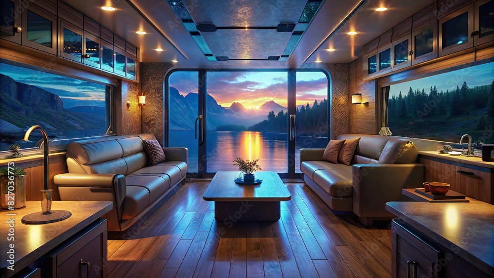 Luxurious RV interior with a beautiful lake view glowing in natural light