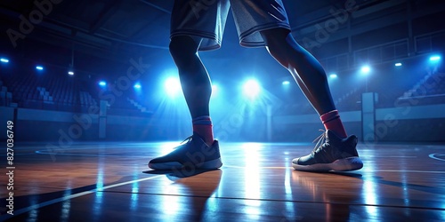 Closeup of basketball player's legs in a dramatic lit sport hall with copy space and glow