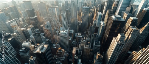 A panoramic aerial shot of a modern cityscape dotted with skyscrapers housing financial institutions, symbolizing the intersection of technology and finance. 32k, full ultra HD, high resolution