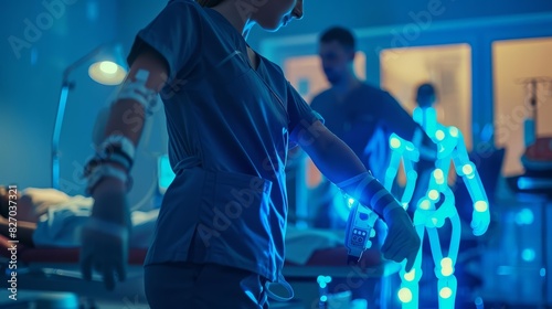 Physical therapists guided a patient through postsurgery rehabilitation exercises, close up, with Glow HUD big Icon of physical therapy photo