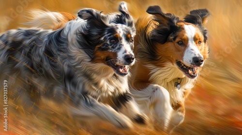 of herding dogs like Australian Shepherds and Border Collies against a dynamic, motion-blurred field background, highlighting their agility and focus, Pets, Animal, Cute, Happiness