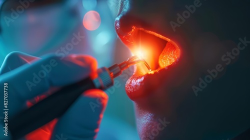 The otolaryngologist examined the patients vocal cords using an endoscope, close up, with Glow HUD big Icon of otolaryngology photo