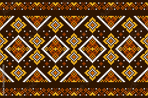 Pixel ethnic pattern, Vector embroidery pattern background, Geometric traditional triangle style, Blue and orange pattern knitting vintage, Design for textile, fabric, batik, kaftan, fibres