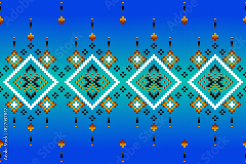 Pixel ethnic pattern, Vector embroidery pattern background, Geometric traditional triangle style, Blue and orange pattern knitting vintage, Design for textile, fabric, batik, kaftan, fibres