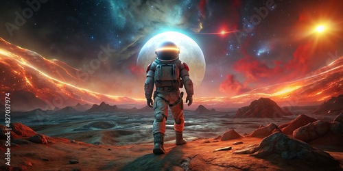 A space astronaut wearing a spacesuit exploring the surface of planet Mars, surrounded by a glowing aura photo