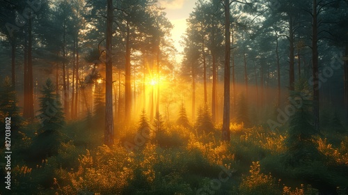 Golden Sunrise. Misty Forest Bathed in Warm Morning Light with Illuminated Pine Trees Creating a Magical and Serene Atmosphere.