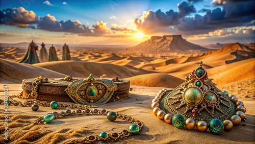 Desert wasteland landscape with ornate jewelry and robe photo