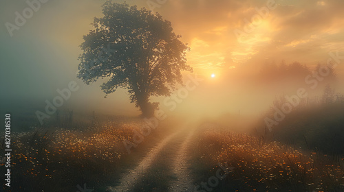 sunrise in the fog, Farm road in the meadows #827038530