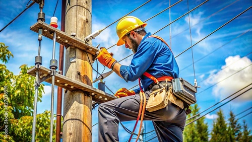 Electrician working on repairing electrical system on utility pole photo