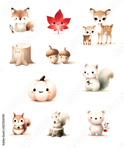 Wallpaper Mural かわいい秋のイメージ　イラストセット（キツネ・もみじ・シカ・きりかぶ・ドングリ・かぼちゃ・リス・クマ） Torontodigital.ca