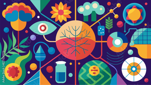 A vibrant collage of organic and geometric shapes representing the diverse and constantly evolving nature of the neural network and showcasing the. Vector illustration