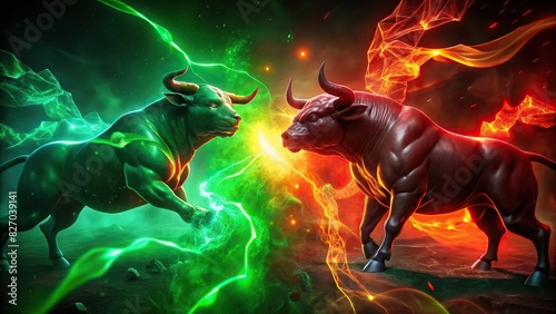 Fierce battle between bull and bear symbols on red and green background with glow effect