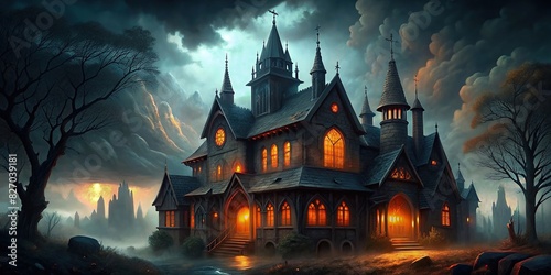 Gothic manor with glowing orange windows against a stormy sky photo