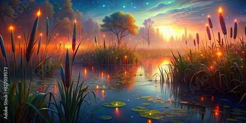 of vibrant wetland vegetation including sedge, reed, cane, and bulrush with a glowing effect photo