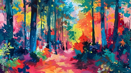 Vibrant Forest Landscape with Bold Strokes Exploring Nature s Preservation and Exploitation photo