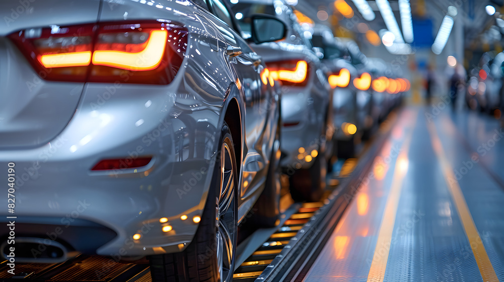 close - up shot of a line of newly manufactured cars in a factory, showcasing their sleek and shiny exteriors