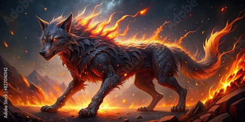 Epic fenrir engulfed in flames generating a glowing, otherworldly energy