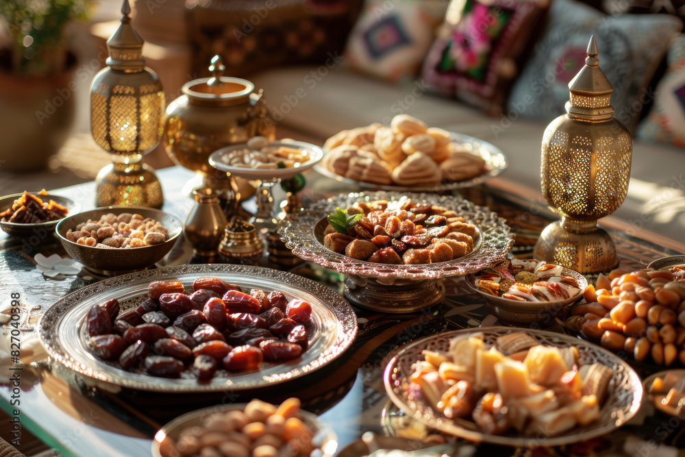Eid Celebration Table Setting Aerial., Eid feast, Islamic celebration, Family feast.
