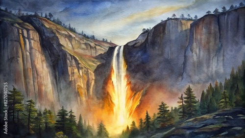 Horse tail waterfall in Yosemite National Park glowing in sunset light in February, Firefall, California, USA, watercolor painting