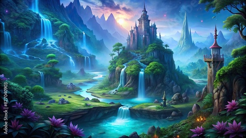 Fantasy landscape with a waterfall, enchanted forests, and elven woods photo