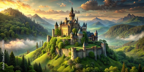 Majestic and isolated fantasy castle in a lush green landscape photo