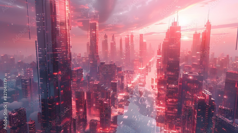 A cityscape with a pink sky and buildings lit up in neon colors A cityscape with a pink sky and buildings lit up in neon colors