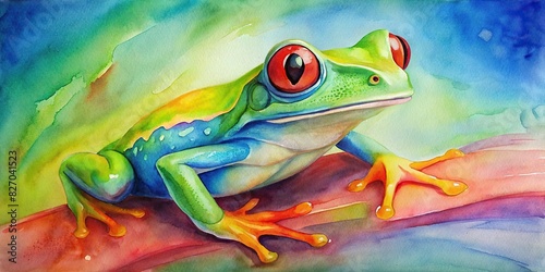 Vibrant watercolor painting of a red eyed tree frog © joompon