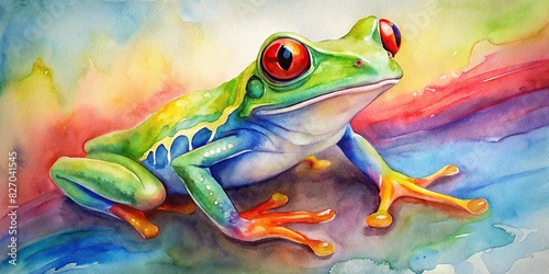 Vibrant watercolor painting of a red eyed tree frog photo