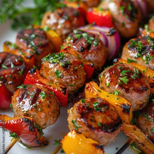 a healthy yet sumptuous serving of grilled sausage skewers marinated to perfection, infused with herbs and spices alongside with capsicum, onions and sprinkled with seasoning for taste